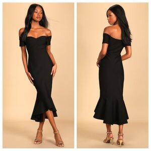 Lulus How Much I Care Black Off-the-Shoulder Midi Dress